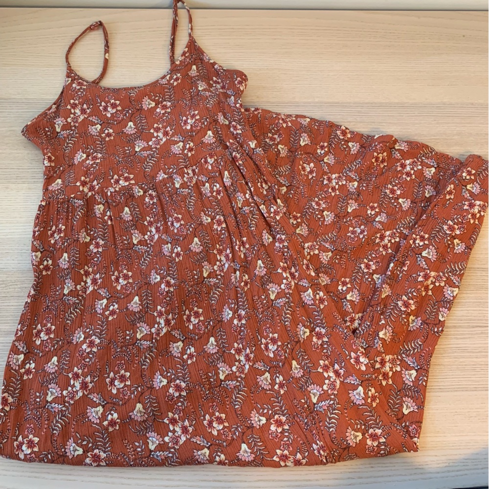 So Brand Floral Burnt Orange Flowy Maxi Dress Sz S Spaghetti Strap Prairie Dress